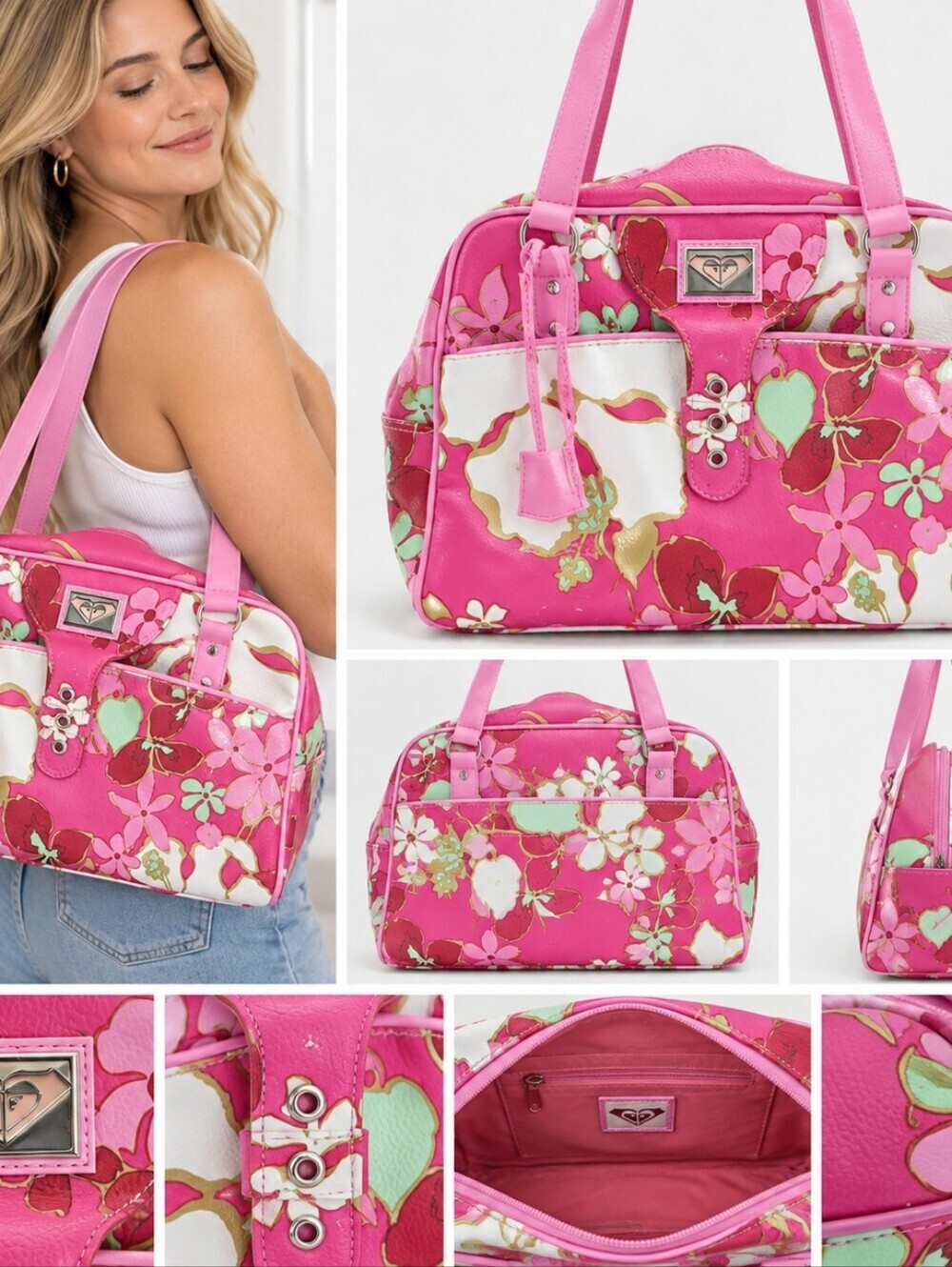 Vintage Roxy Pink Floral Tote with Mint & White Accents